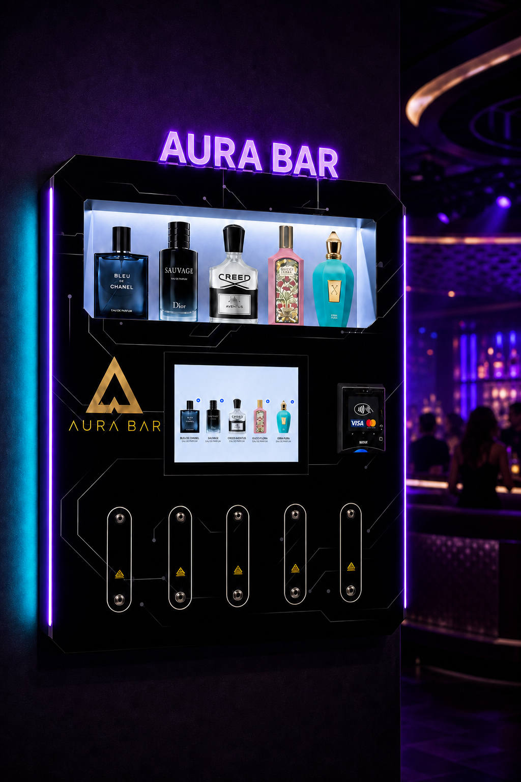 Front view of the Aura Bar fragrance vending machine in a nightclub setting