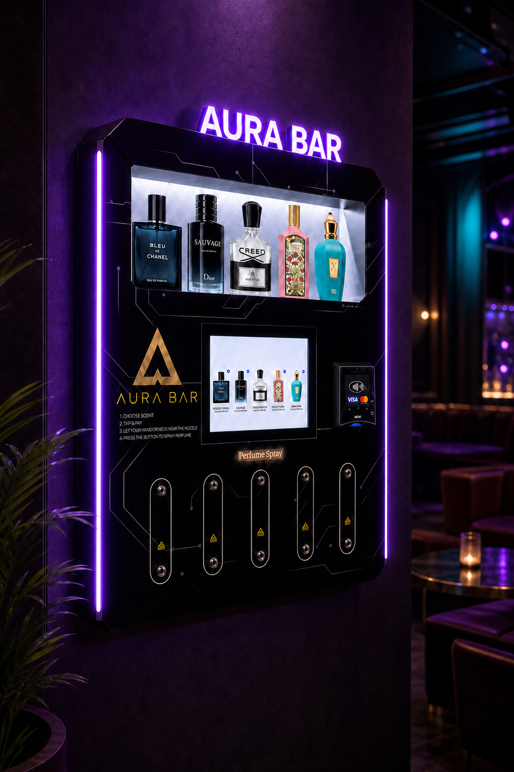 Side view showing the Aura Bar LED-lit fragrance vending machine